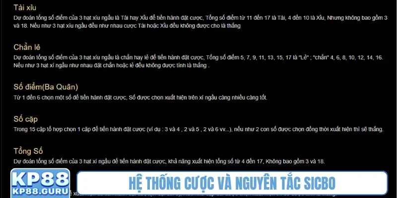 Sicbo KP88 - Luật chơi đơn giản, tiền thưởng lớn, hút triệu bet thủ 1 Hệ thống cược và nguyên tắc Sicbo